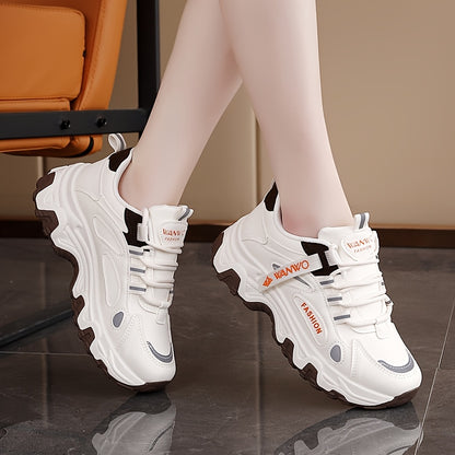 Women'S Fashion Sneakers - White Low-Top Lace-Up with Thick Sole, Stylish Tassel Detail, Lightweight All-Season Hiking and Walking Shoes, Casual Outdoor Footwear Trendy Casual Shoes Lightweight Footwear