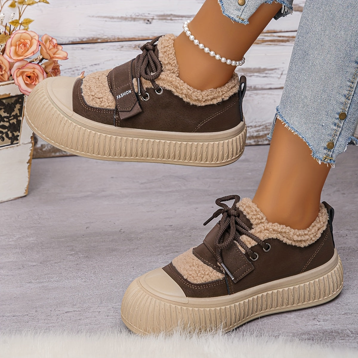 Women's Winter Plush Fleece-Lined Thermal Shoes - Upper & Rubber Sole Low-Top Ankle Boots with Faux Fur Collar, Brown/Beige/ Traction Tread for Cold Weather, Casual & Semi-Formal Outfits - Cozy Warm Winter Boots with Fleece L