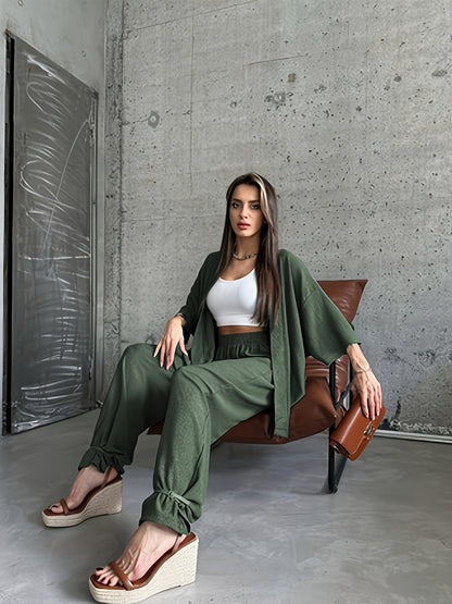 Women’s Casual Spring Summer Loose Cardigan & Wide-Leg Pants Set