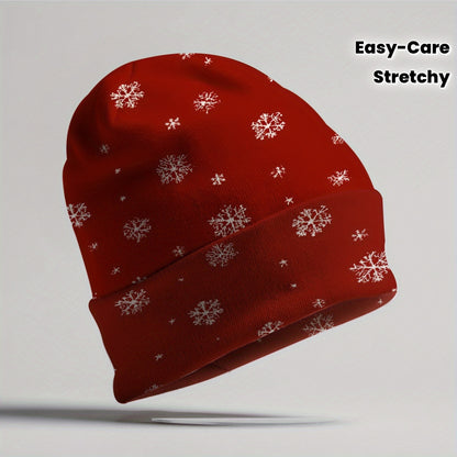 Women's Winter Beanie Hat - Red Snowflake Pattern, Stretchy Snug Fit for Skiing, Ice Skating, Christmas Party - Lightweight Cold Weather Cap for Women (Easy Care) - Holiday Gift Idea