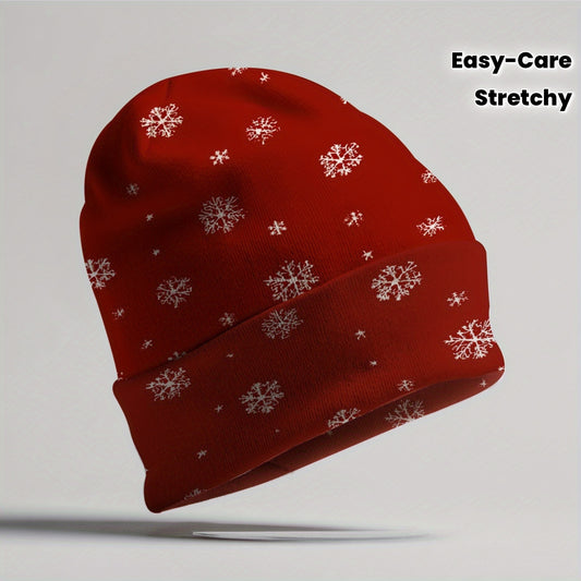 Women's Winter Beanie Hat - Red Snowflake Pattern, Stretchy Snug Fit for Skiing, Ice Skating, Christmas Party - Lightweight Cold Weather Cap for Women (Easy Care) - Holiday Gift Idea