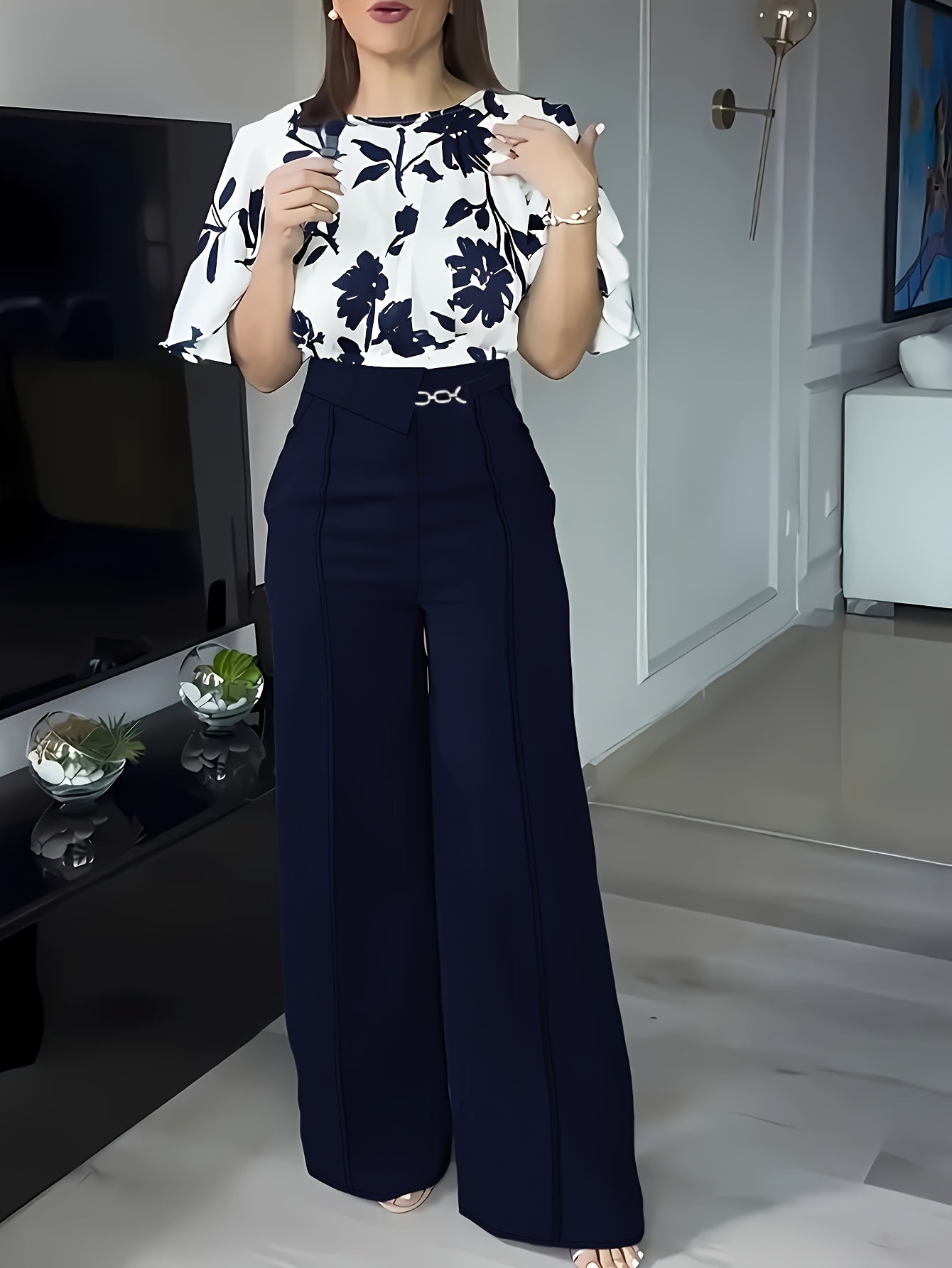 ZD0410952 Women's Printed Spring/Summer Elegant Commuter Casual Shirt 2pcs Set