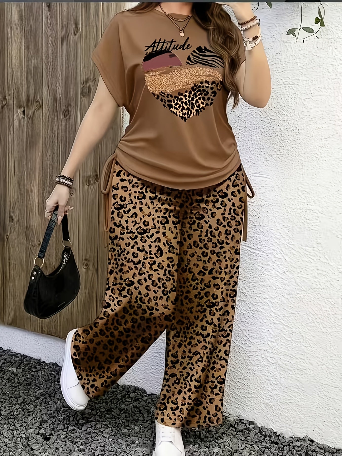 Leopard Print Casual Long Pants Set with Side Drawstring