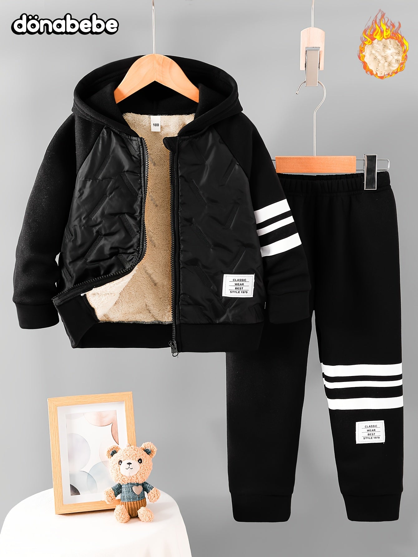 Boys' Autumn/Winter New Jacket with Striped Print, Letter Patch, Zipper Hooded Thickened Warm Coat and Casual Comfortable Everyday Versatile Sweatpants 2pcs Set, Perfect for Outdoor