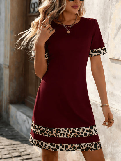 Women's Casual Leopard Print Tunic Dress with Color Block