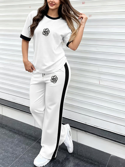 Women's Casual Color-Block Print Short Sleeve Top & Pants Set
