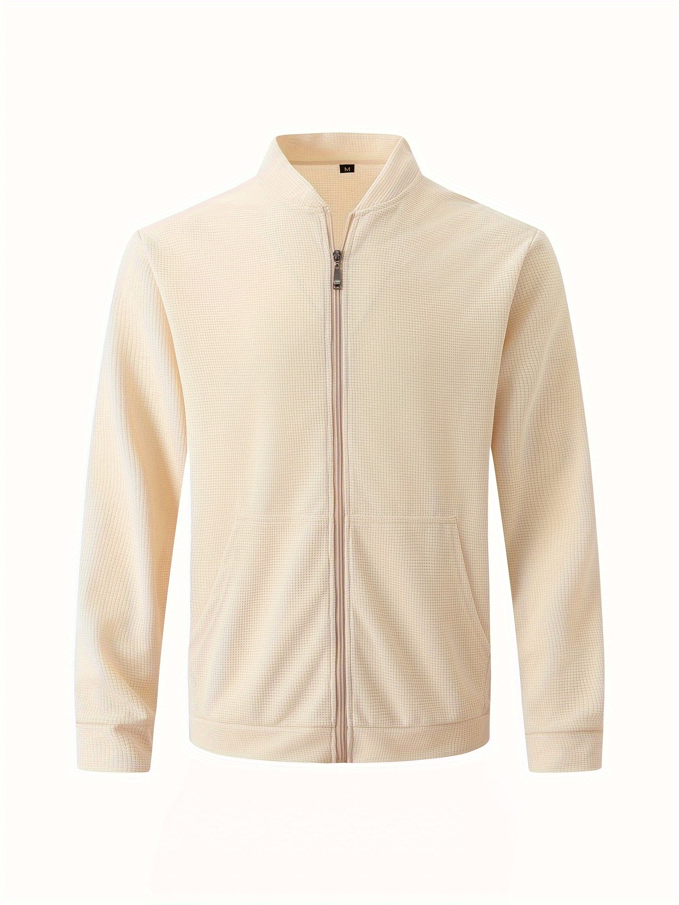 Men's Lightweight Jacket with Stand-Up Collar - Zippered Front Closure, Regular Fit Casual Coat for Everyday & Formal Wear - Spring/Fall Outerwear in White/Neutral Tones - Easy Care Zipper Jacket