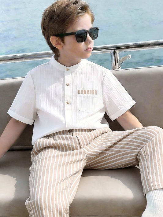 Casual Boys' Striped Short Sleeve Shirt and Pants Set