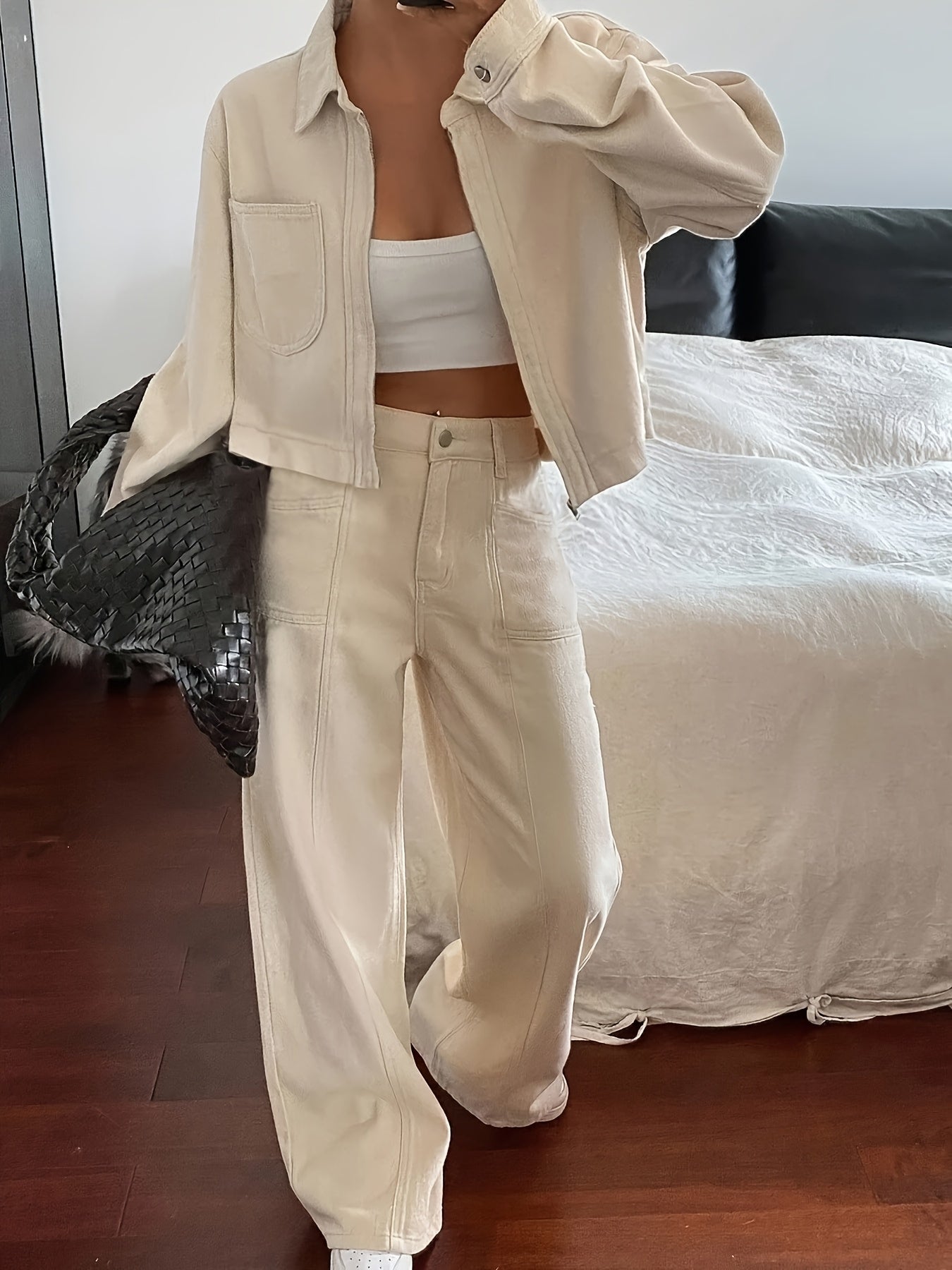 Vintage Apricot Cotton Lapel Jacket & High-Waist Pants Set