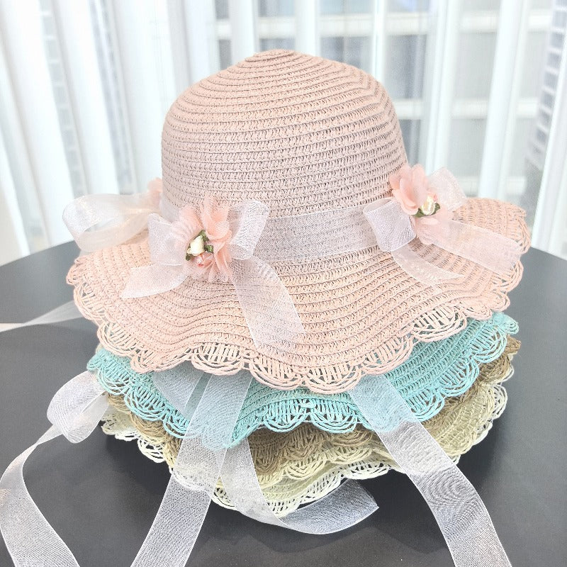Girls 2pcs Straw Sun Hats Lightweight Floral Fisherman Style