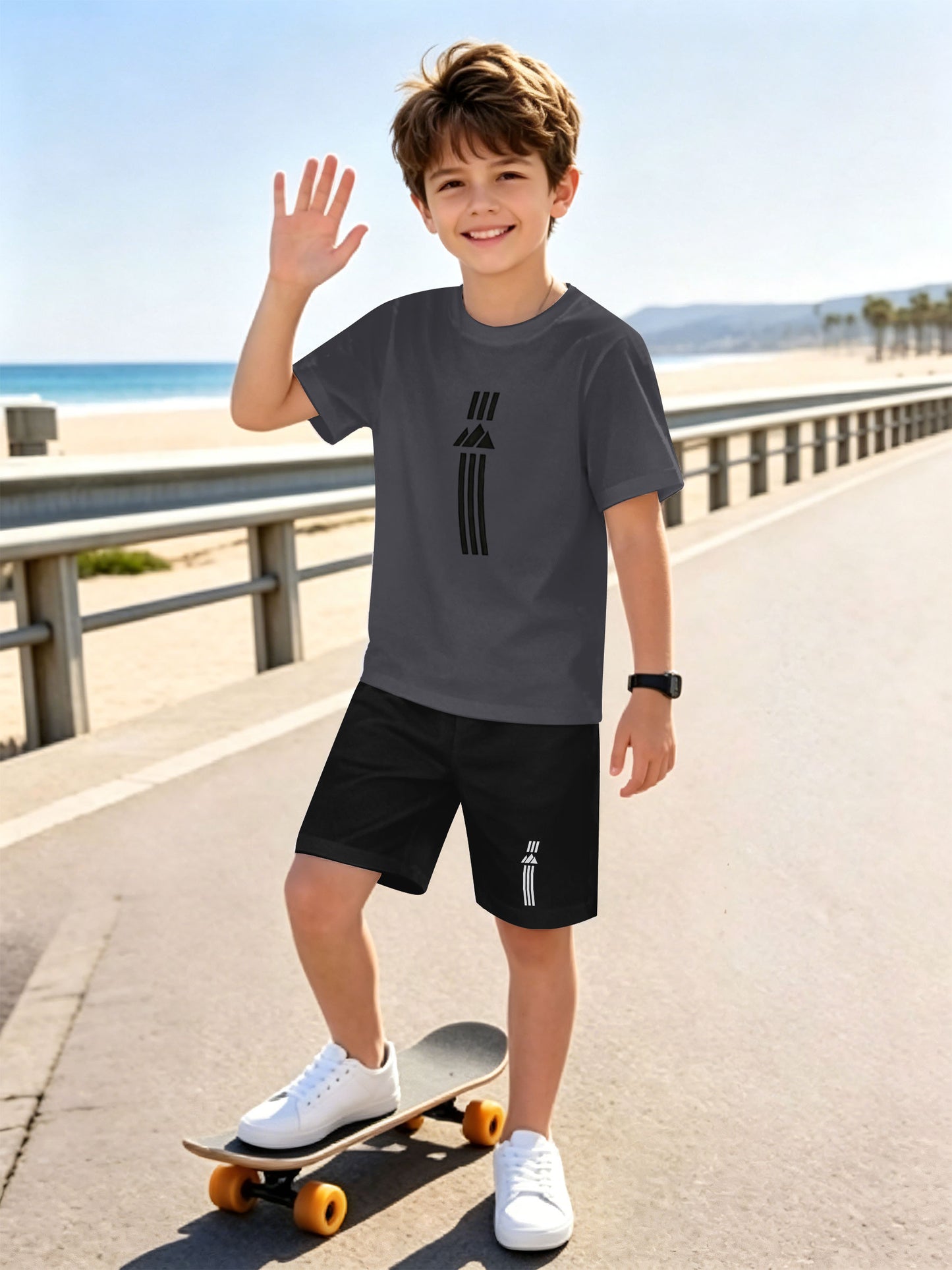 Boys' Casual Short Sleeve & Shorts Set with Geometric Print