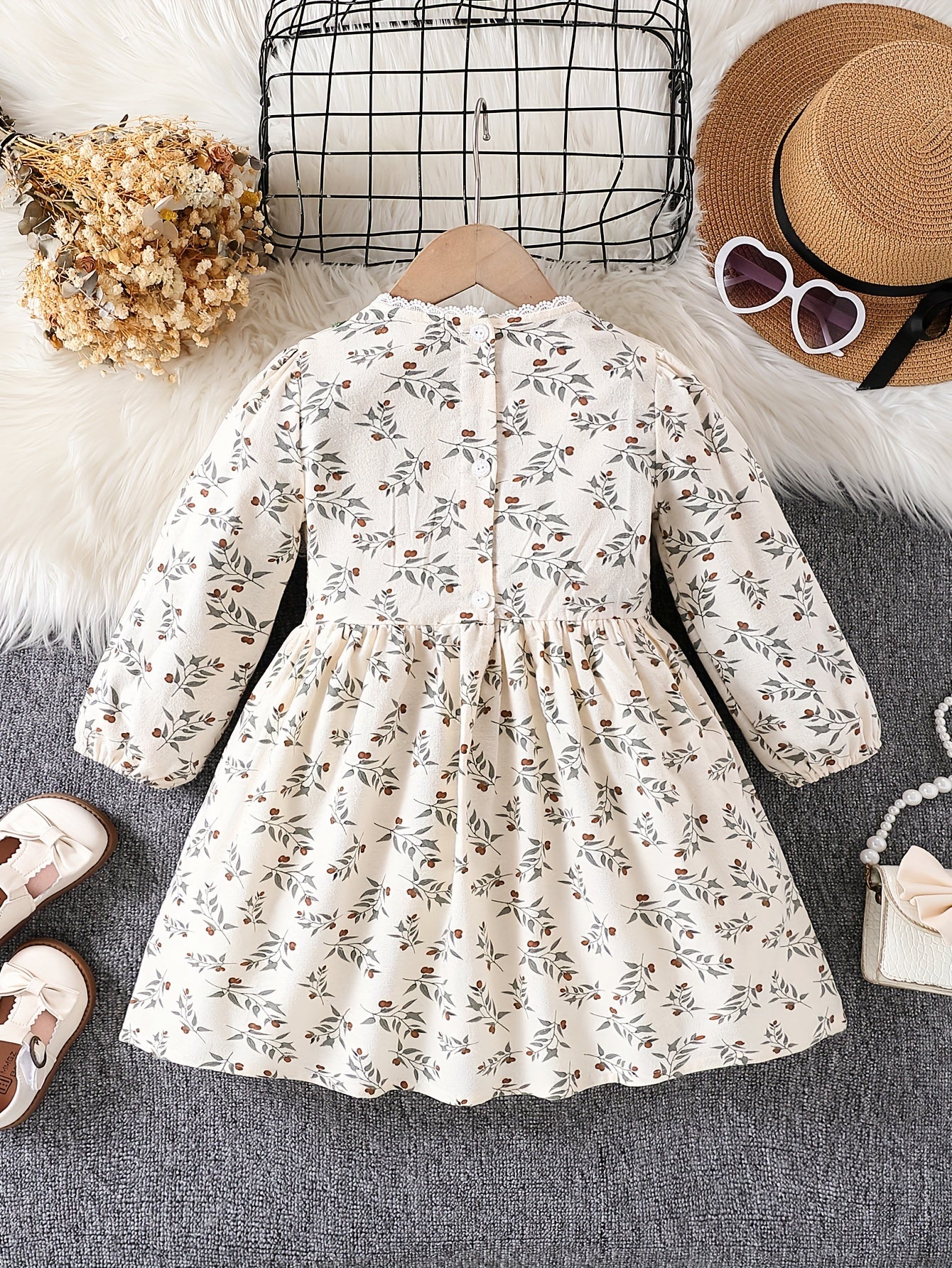 Girls' Retro Floral Cotton Dress with Bow Collar for Spring Fall