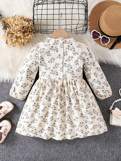 Girls' Retro Floral Cotton Dress with Bow Collar for Spring Fall
