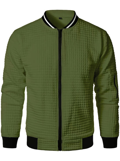 Men's Casual Bomber Jacket with Stand Collar - Polyester and Elastane Blend, Knit Fabric with Slight Stretch, Solid Color, Zipper Detail, Long Sleeve, Regular Fit