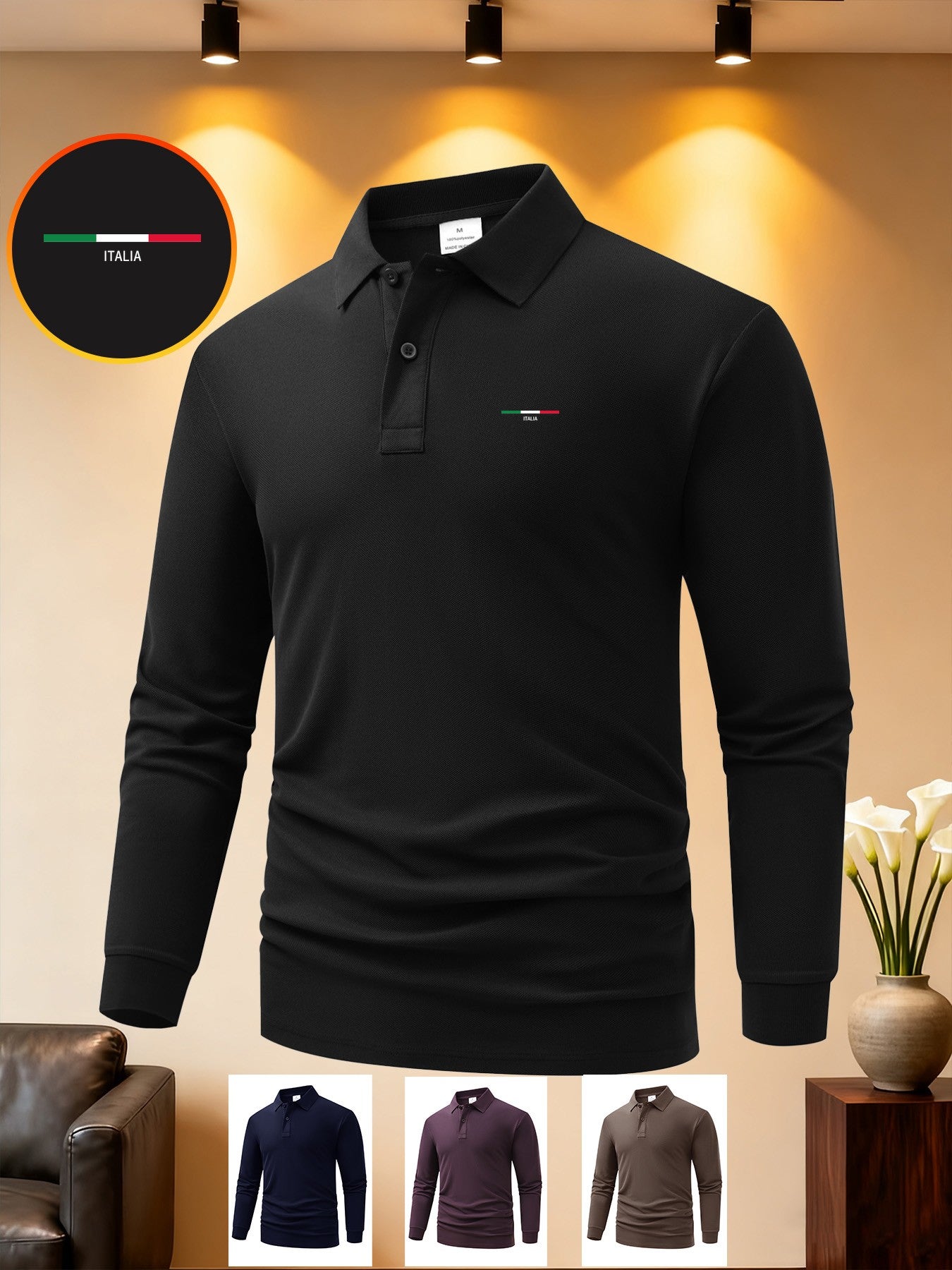 Men's Long Sleeve Polo Shirt with Geometric Print - Comfortable Fit