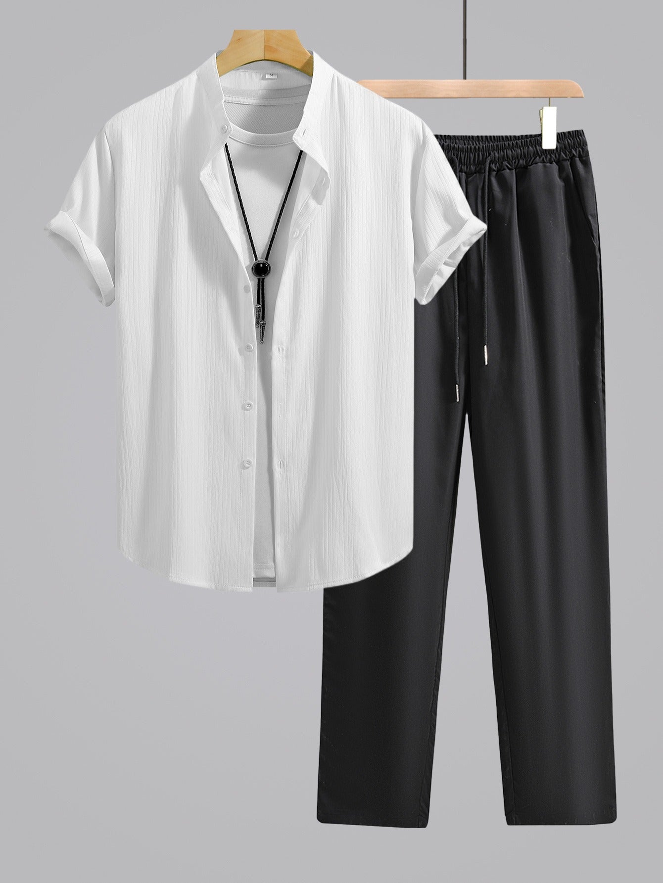 Men's Summer Casual Set: Mandarin Collar Shirt & Black Pants