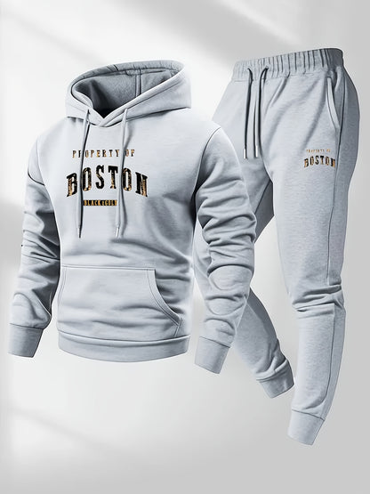 Men'S Boston Print Hoodie And Sweatpants Set - Casual Long Sleeve, Slight Stretch Fabric, Pockets, Suitable for Autumn And Winter, Sportswear, Casual Attire | Hoodie | Sport Pants with Pockets, Everyday Wear