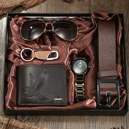 5pcs Men's Luxury Quartz Watch & Accessory Gift Set Compatible for - Full Collection: Belt, Glasses Case Wallet, Keychain - - Analog Watch with Quartz Movement, Elegant Multi-Accessory for Him (, Anniversary, Graduation)