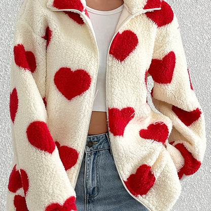 Women'S Elegant Heart Pattern Fleece Jacket - Cozy Long Sleeve Zip-Up Coat with Red Hearts, Beige, Perfect for Fall & Winter, Casual Style, Casual Winter Wear | Heart Pattern Jacket | Zippered Jacket
