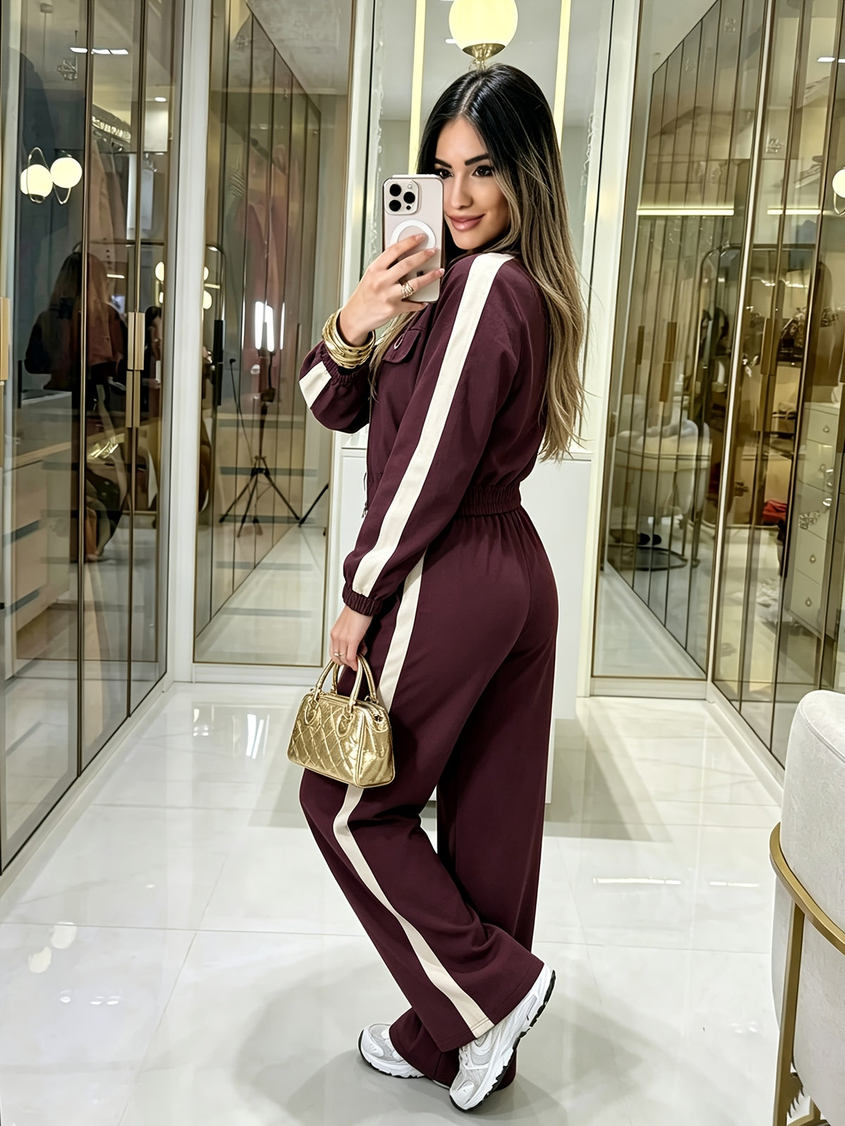 Women's Burgundy Two-Piece Casual Suit with Stripe Detail - ayq