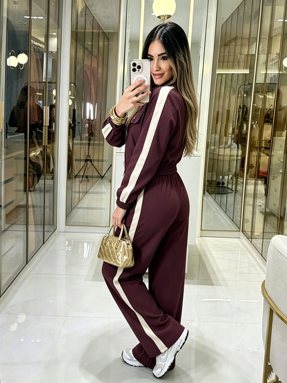Women's Burgundy Two-Piece Casual Suit with Stripe Detail - ayq