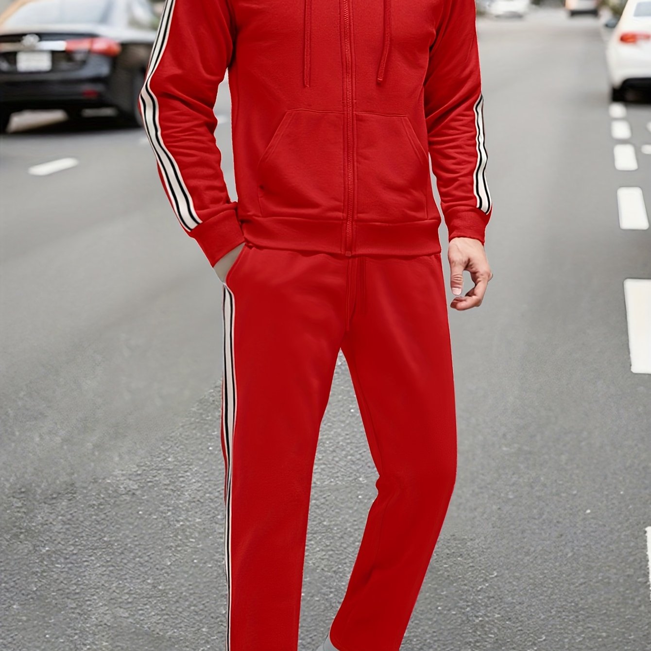 New Cross-Border Casual Sportswear Set of 2pcs, Hooded Zipper Cardigan Jacket Is Easy And Easy to Match, Side Striped Sweatpants Hide Meat And Show Long Legs, Daily Commute, Full of Comfort, Black Main Tone + Side Stripes
