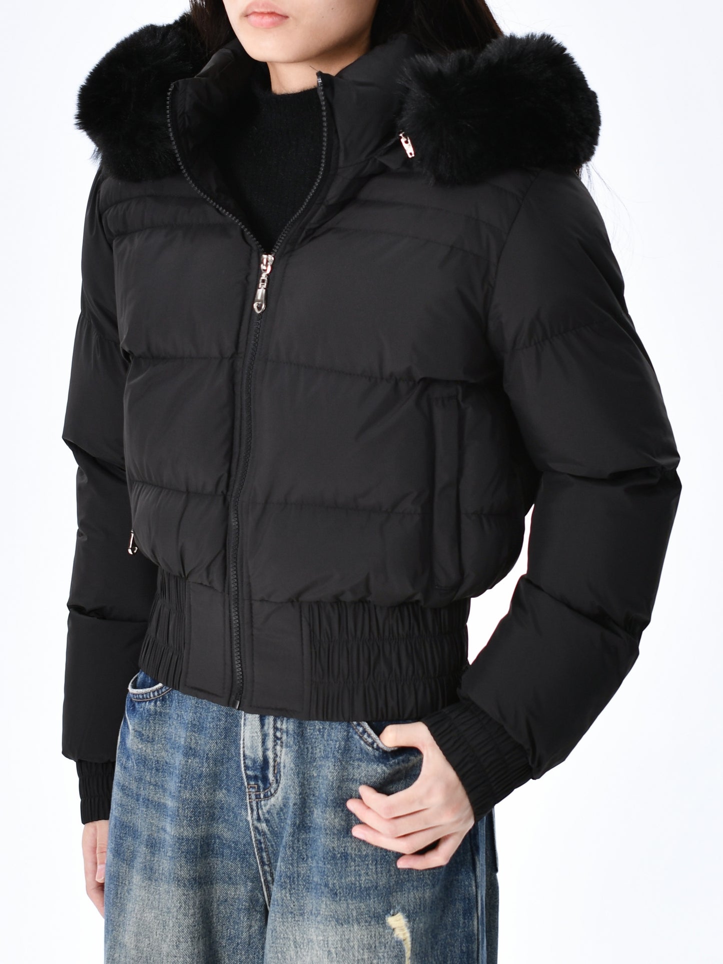 Elegant Polyester Padded Jacket for Women - 2024 Fashion Short Solid Color Coat with Thick Faux Fur Collar, Long Sleeves, Zipper Detail, Woven - Winter Warmth Casual Outerwear