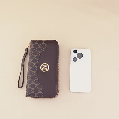 Women'S Elegant Patchwork Wallet & Wristlet Clutch - Large Capacity Double-Zip Coin Purse with Golden-Tone M-Logo, Golden-Tone Hardware & Wrist Strap