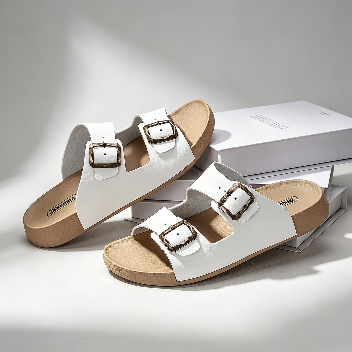Unisex Retro Slide Sandals with Metal Buckle, Casual Double Strap