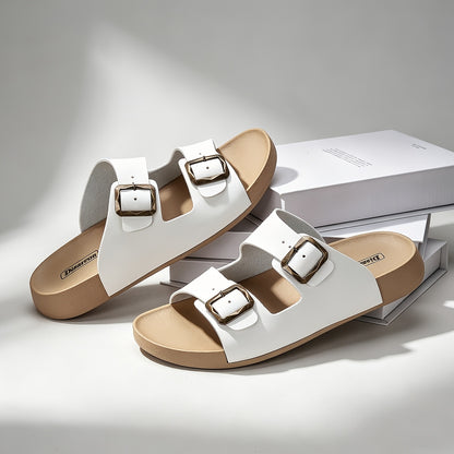 Unisex Retro Slide Sandals with Metal Buckle, Casual Double Strap