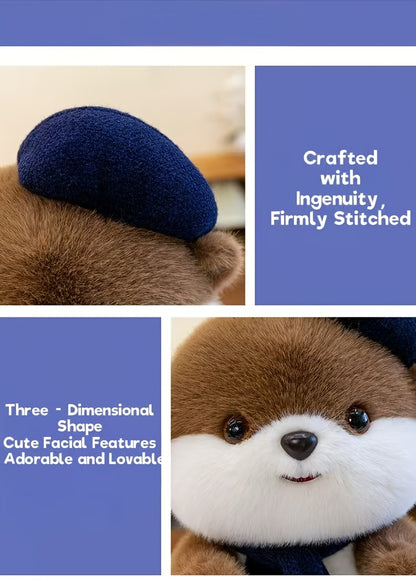 Cute Beret Beaver Plush Toy | Soft Stuffed Animal Doll with Scarf, Adorable Beaver Plushie Birthday Gift for Girls and Children, Polyester Fiber, and Dark Brown