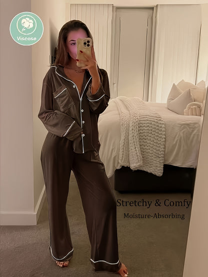 Women's Casual Modal Pajama Set with Stretchy Long Sleeves - ayq