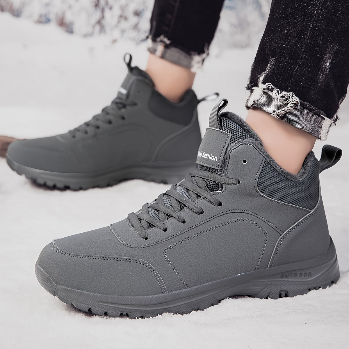 Men'S Mid-Top Winter Snow Boots - Lightweight, Non-Slip, Warm Plush Lining, Durable MD Sole, Black Workwear & Street Style for Outdoor Sports, Hiking, and Daily Leisure, Winter Boots, Hiking Footwear, Sleek Boot Design, Flexi