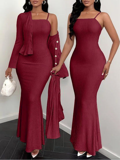 YY0102111 Elegant Solid Color Camisole Dress and Cardigan 2pcs Set, Suitable for Spring Summer Autumn