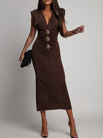 Sleeveless V-Neck Ruched Waist-Defining Metallic Midi Dress