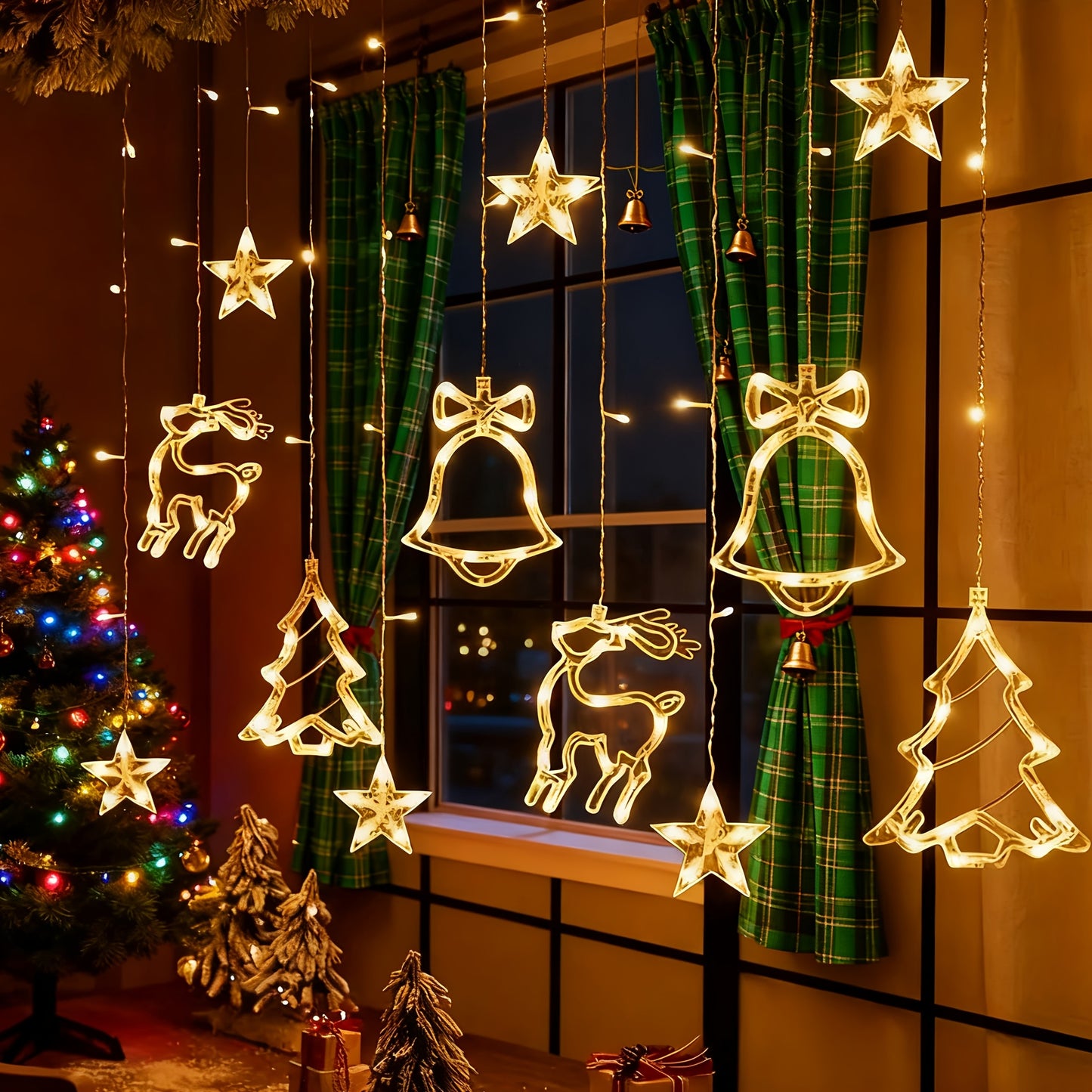 Christmas Decoration Icicle Curtain Lights, Window Wall Hanging String Light, USB Plug in Bell/Reindeer Fairy Lamp, Halloween/Ramadan Decor for Bedroom Living Room Backdrop Wedding Party Indoor Xmas Tree Dorm Fall Home Decor