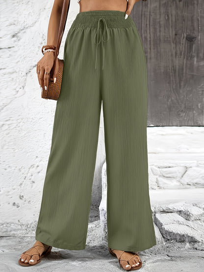 High-Waist Wide-Leg Polyester Trousers with Drawstring for Women