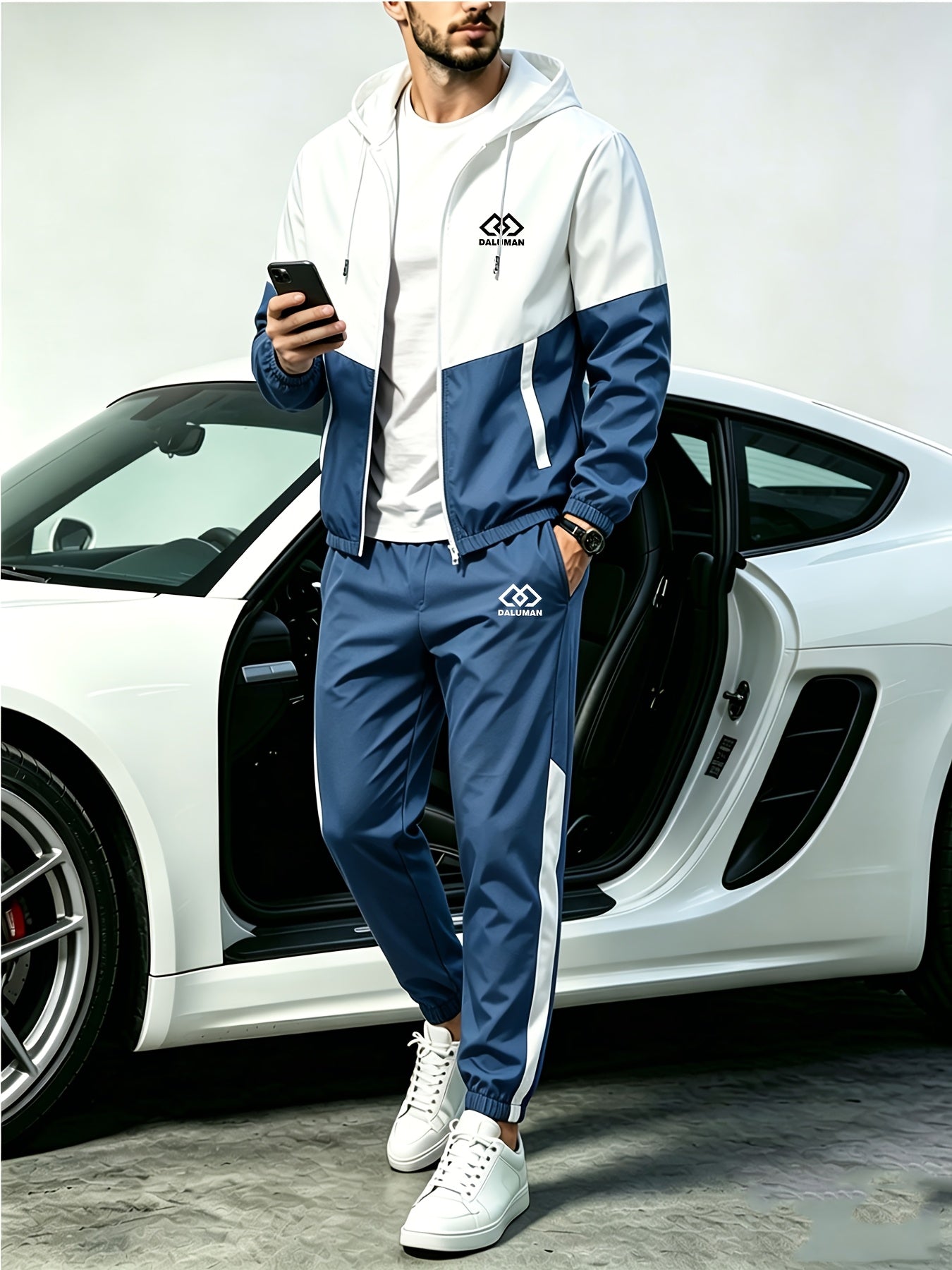 Men's Spring-Fall Patchwork Athletic Hooded Jogger Set