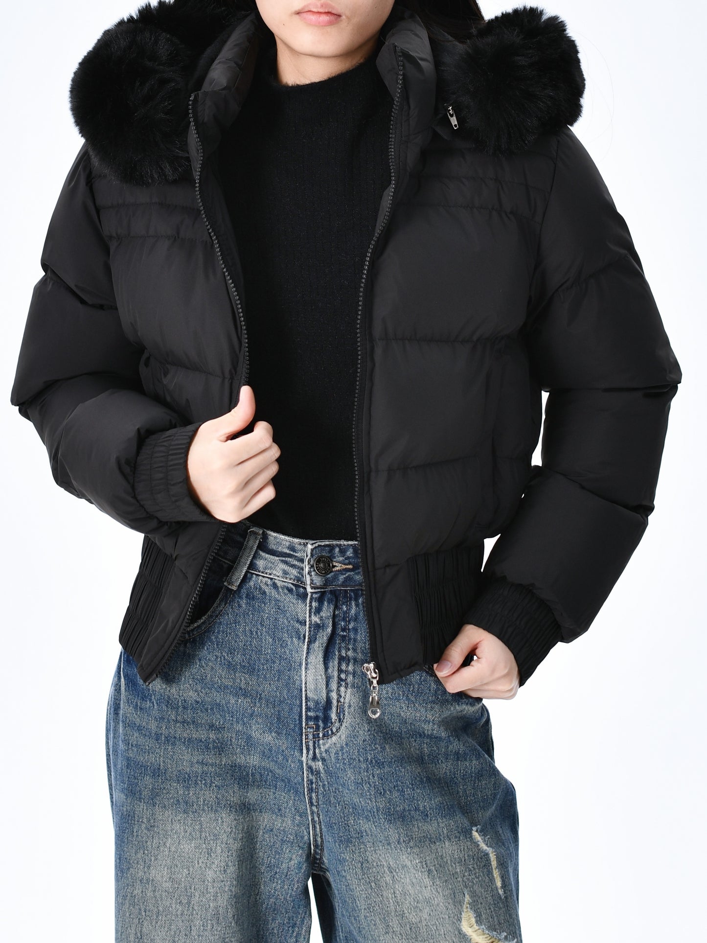 Elegant Polyester Padded Jacket for Women - 2024 Fashion Short Solid Color Coat with Thick Faux Fur Collar, Long Sleeves, Zipper Detail, Woven - Winter Warmth Casual Outerwear