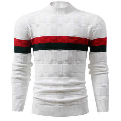 Temujin OBM Men's Fashion Mid-Neck Button Contrast Stripe Three-Dimensional Plaid Knit Top