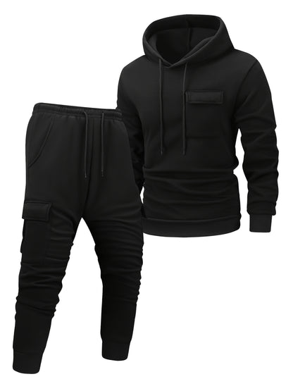 Men'S Casual Hooded Tracksuit Set - Polyester Knit, Solid Color with Pockets, All-Season Sportswear, Includes Jacket and Joggers, Casual Wear|Sporty Design|Polyester Fabric