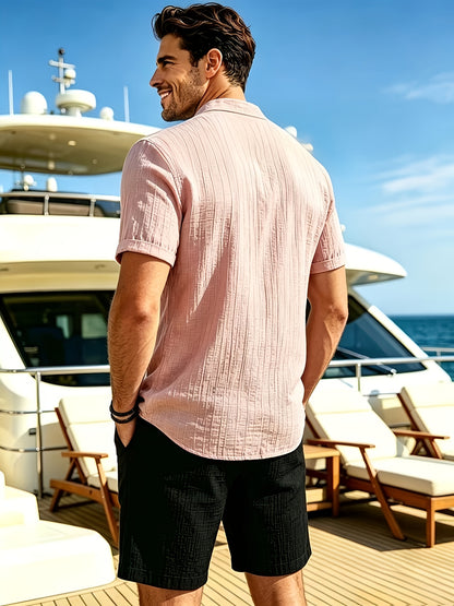 Men's Black Textured Stand Collar Short Sleeve Shirt
