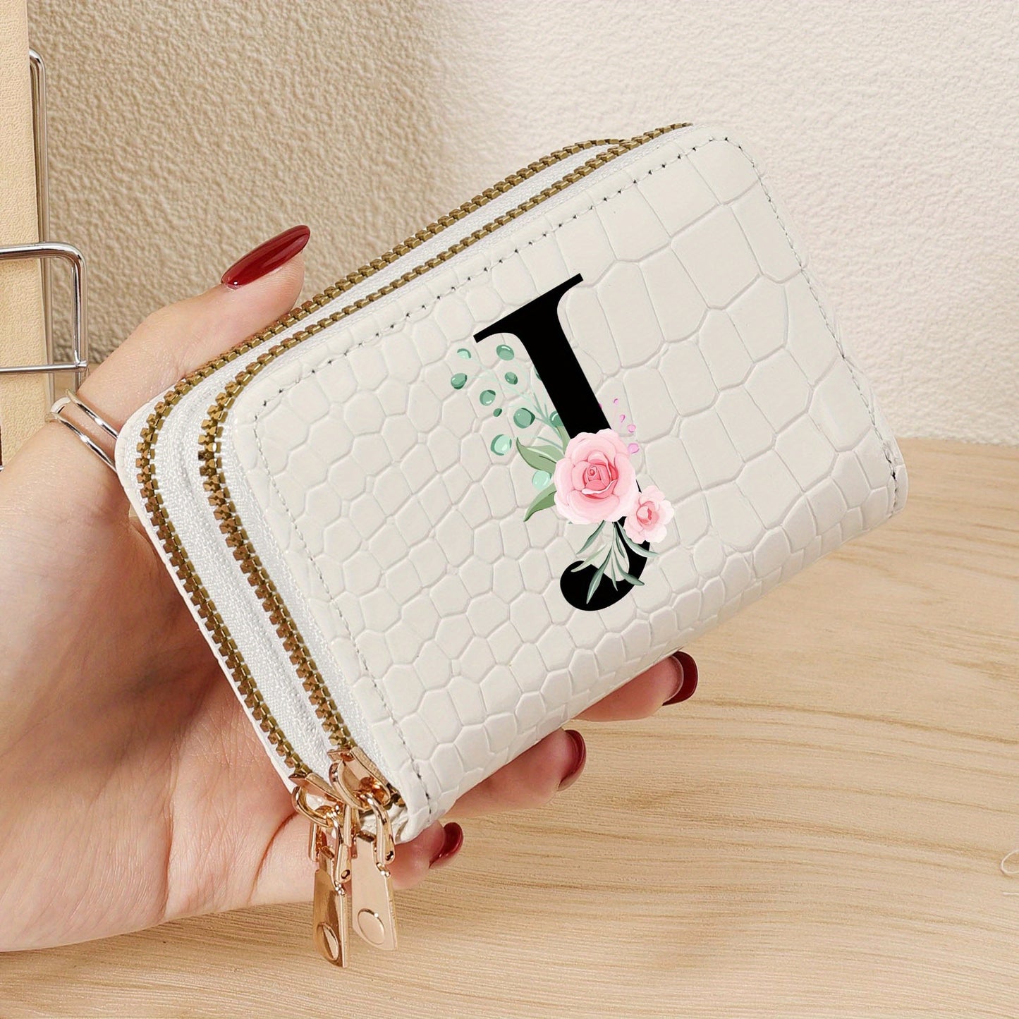 Minimalist Women'S Short Wallet Featuring a Double Zipper Design, with a Crocodile A-Z Letter Pattern. This Stylish Handbag Also Serves As a Fashionable Coin Wallet, Perfect for Travel, Back-To-School, Or Parties.