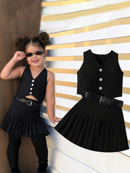 Girls 3-Piece Spring/Summer Set: V-Neck Tank, Pleated Skirt & Belt