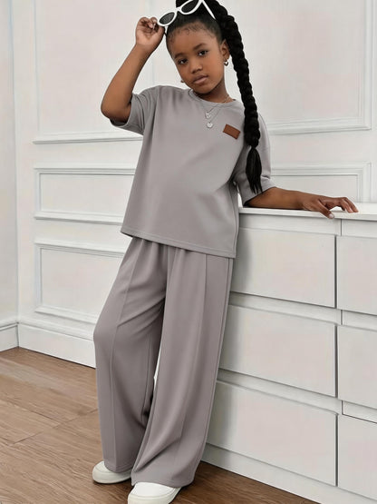 Girls' Casual Summer T-Shirt & Wide-Leg Pants Set Polyester