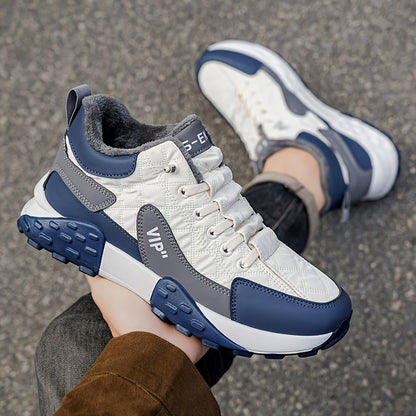 Men'S Stylish Color-Block Plush-Lined Winter Sneakers - Warm, High-Stability Running Shoes with Lace-Up Closure, Geometric & Solid Color Design, Synthetic & Fabric Upper, PVC Sole for Casual & Outdoor Activities, Winter Sneak