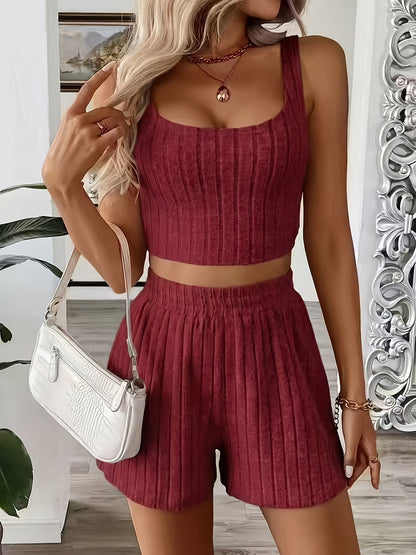Women's Casual Summer Tank Top and Shorts Set, Polyester Blend