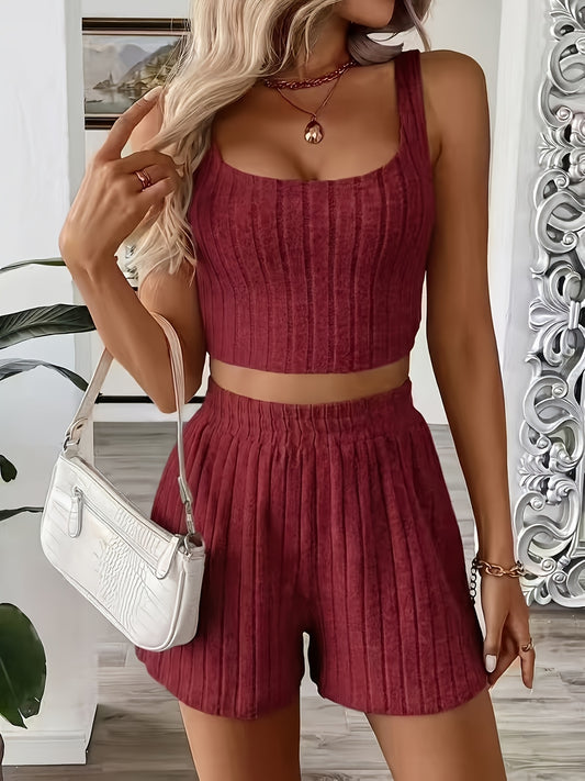 Women's Casual Summer Tank Top and Shorts Set, Polyester Blend