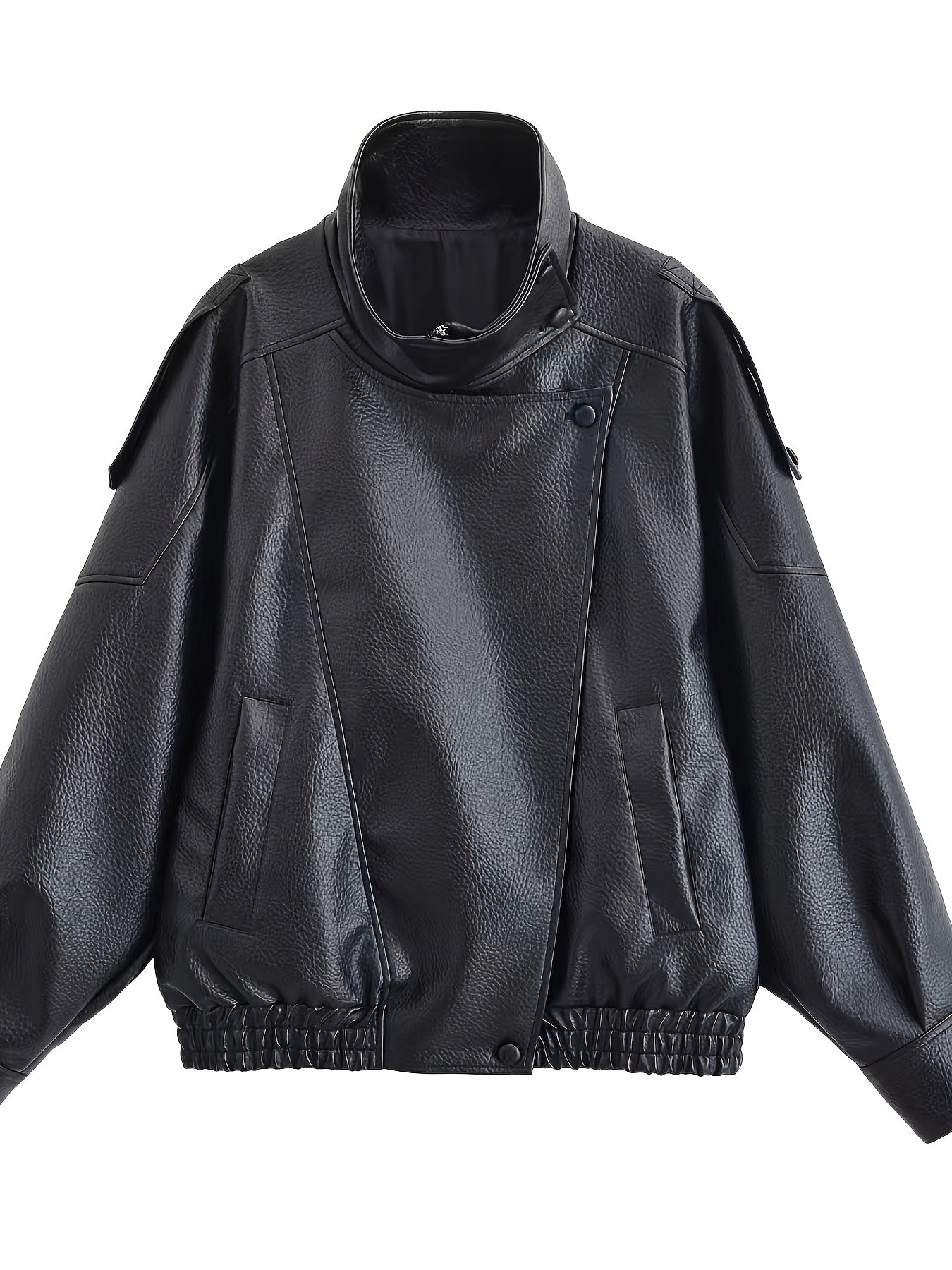Oversized Vintage Faux Leather Biker Jacket with Buckle Collar