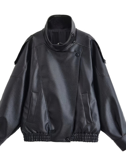 Oversized Vintage Faux Leather Biker Jacket with Buckle Collar